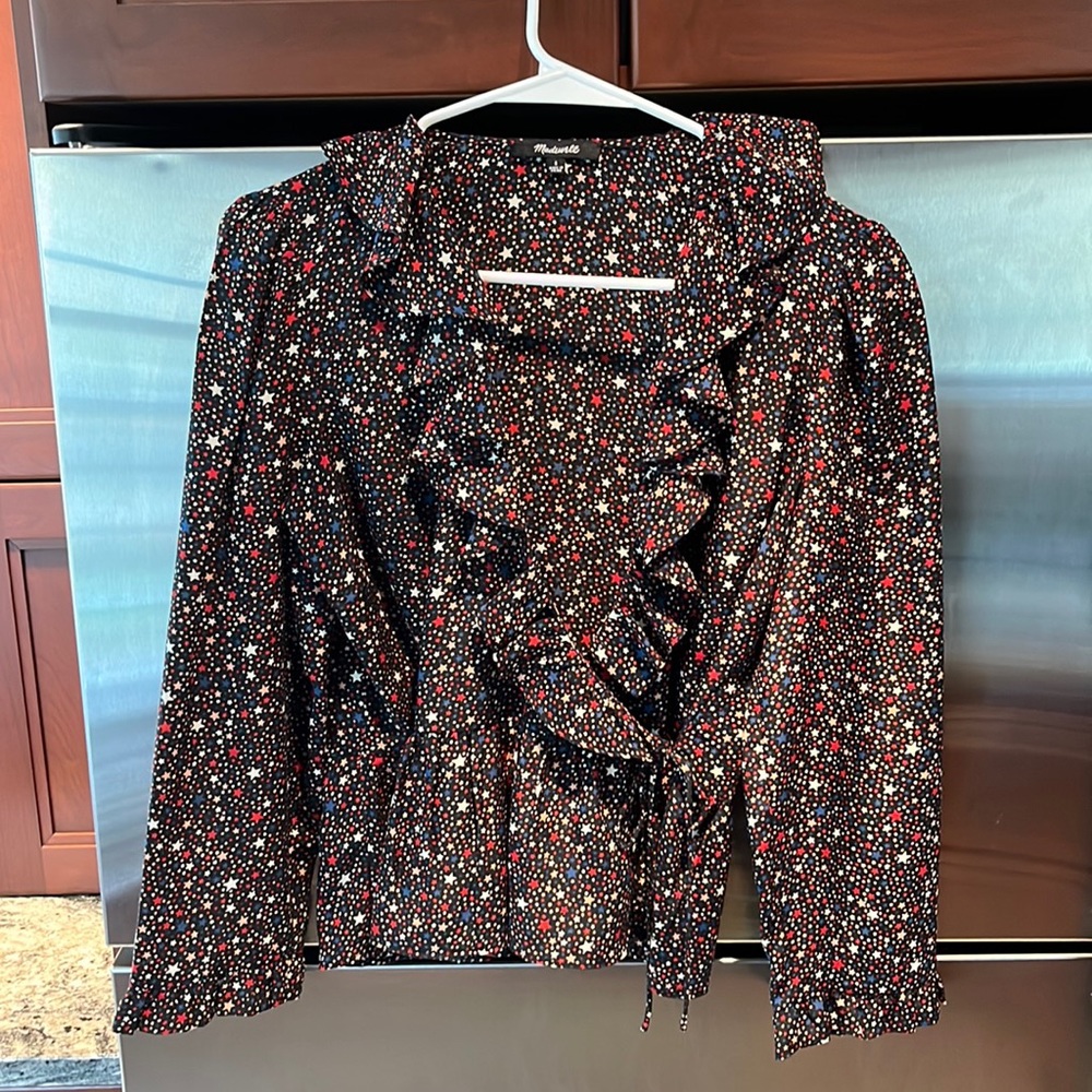 Black Madewell Peplum Top w/ Multicolored Stars, Ruffle Details & Tie on Side